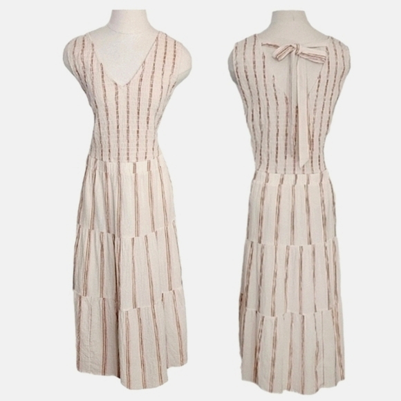 Wonderly Dress Cotton Striped Midi Smocked Bodice & Back Tie Neck Cream Size XL - Picture 3 of 14